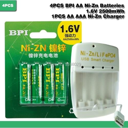 4pcs Ni-Zn 1.6V AA 2500mWh Rechargeable Battery + 1pcs AA/AAA LiPO4 Ni-Zn USB Smart charger