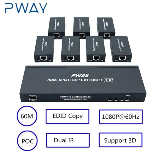 60m HDMI Extender Matrix Box 1 TX 7 RX HDMI Transmitter Receiver Amplifier Up to 164Ft/50m RJ45 UTP POC & EDID over Cat6/7 IR