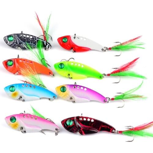 8pcs Metal VIB 11g/5.5cm Fishing Lure Vibration Spoon Hard Baits with Feather Crankbait Wobbler Swimbait Cicada VIB Tackle