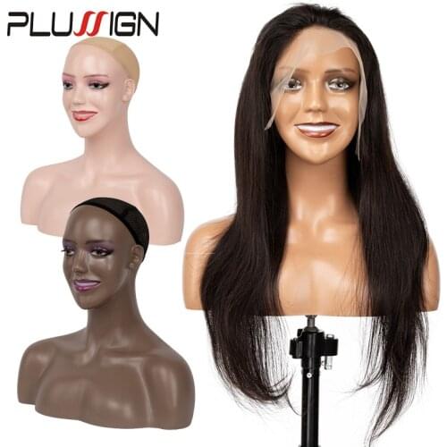 African American Female Mannequin Head With Shoulders Black Lip Wig Display Stand Pierce Ear Holes Realistic Model With Eyelash