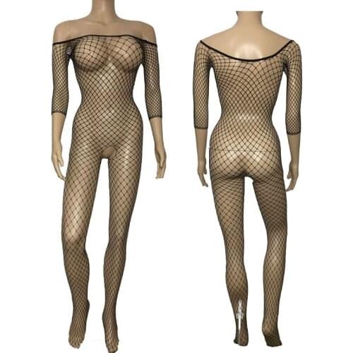 Seamless Big Net Mesh Middle Sleeve Women Bodystocking Open Crotch Fishnet Body Stocking Sheer Body Suit Erotic Lingerie