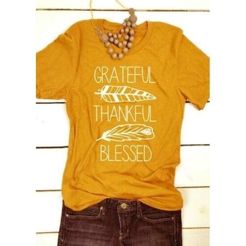 Grateful thankful blessed shirt Thanksgiving gift tops slogan t shirt graphic tees yellow shirt vintage Feather tshirt-J991