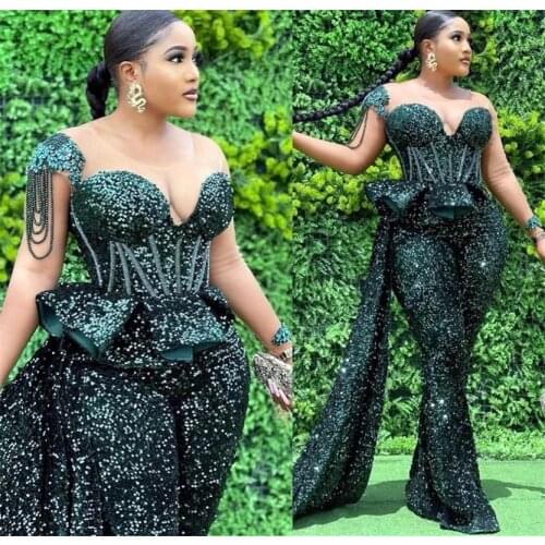 Glitter Hunter Green Sequins Jumpsuits Prom Dresses Sheer Neck Sequined Luxury African Plus Size Women Formal Evening Gowns