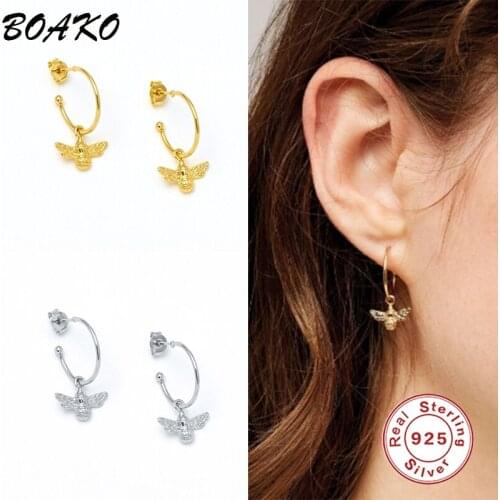 BOAKO Luxury Real 925 Sterling Silver C Shape Hoop Earrings Punk 3D Bee Pendant Ear Buckle for Women Gift Insect Jewelry Earring