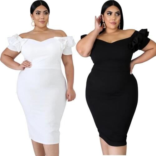 Elegant Solid Women Slash Neck Party Dress 2021 Spring Hot Selling Ruffles Short Sleeve Bodycon Knee-Length Plus Size Dresses
