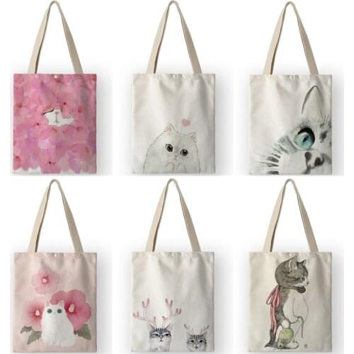 Japanese Style Canvas Shoulder Bag School Students Casual Shopping Tote Bags Women Handbags Cute Cat Face Printing AKB01060