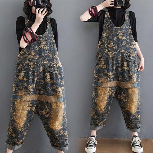 Streetwear Spring Summer 2021 New Look Thin Denim Print Overalls Womens Loose Jeans Casual Nine-point Overalls Baggy Bib Pants