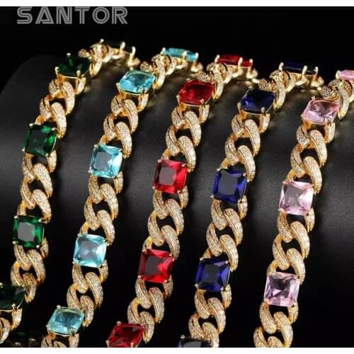 12 mm Hip Hop Miami Cuban Link Chain Ice Out Green Blue Purple Red Square Zirconia Cuban Necklace Chocker Men Jewelry