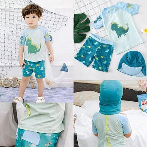 Toddler Baby Kids Boys Bathing Suit Cartoon Dinosaur Print+Dinosaur Shorts+Hat Swimwear Sets Beach Swimsuit купальник детский W