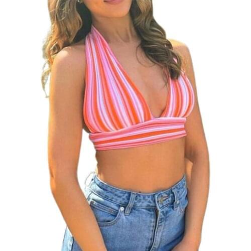 Sexy Tank Top Striped Backless Bra Women V Neck Sleeveless Bandages Vest for Spring/Summer Beach Vest