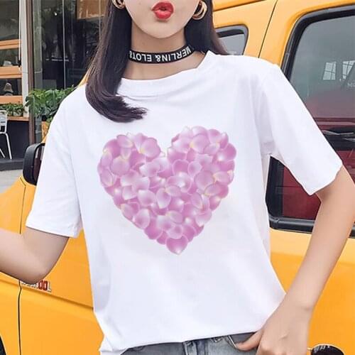 Fashion Pink petal heart printing ladies T-shirt summer casual short-sleeved white T shirt Harajuku top streetwear women Tshirt