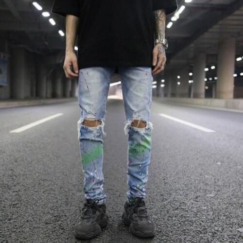 Men Jeans Pants Elasticity Jeans Europe And America High Street Splash Ink Graffiti Hole Wash Slim Trend Personality Trousers