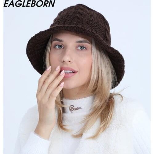 2021 New Ladies Bucket Hat Winter Woolen Knit Hat Fashion Student Warm Cold Bucket Hat Woman Knitted Hats Winter Hats for Women