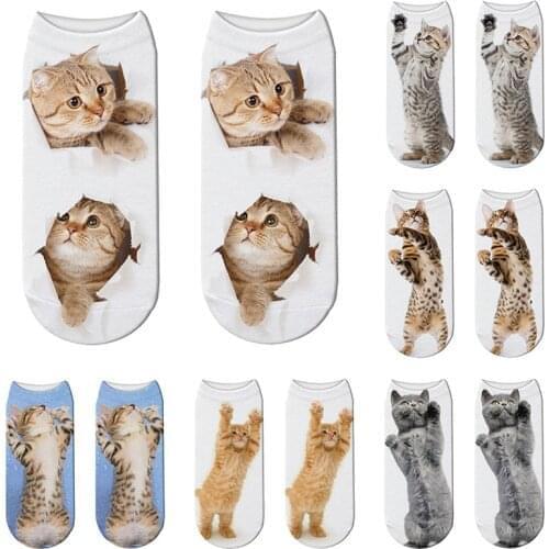 New 3D Printed Women Socks Harajuku Cute Kawaii Cat Pattern Funny Autumn Warm Happy Low Ankle Cotton Unisex Sports Elastic Socks