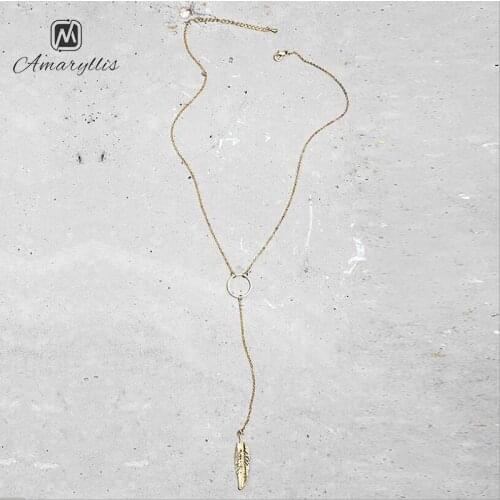 Amaiyllis Simple Alloy Feather Long Pendant Choker Necklace For Women Trendy Gold Color Metal link Clavicle Chain Collar Bijoux