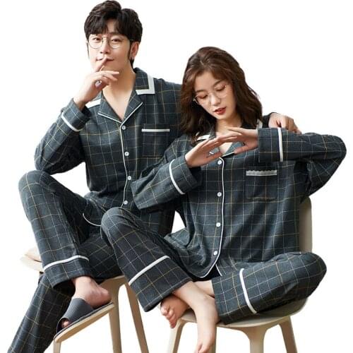 Couple Pajamas Set Autumn Cardigan Cotton Plaid Pyjamas Women and Men Pajamas Long Sleeve Sleepwear Men Lounge Pijama M-3XL
