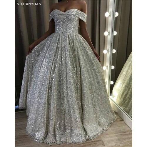 Stunning Glitz Silver Sequined Wedding Dresses A Line Off Shoulder Dubai Arabic Elegant Wedding Gown Bridal Dress Celebrity Gown