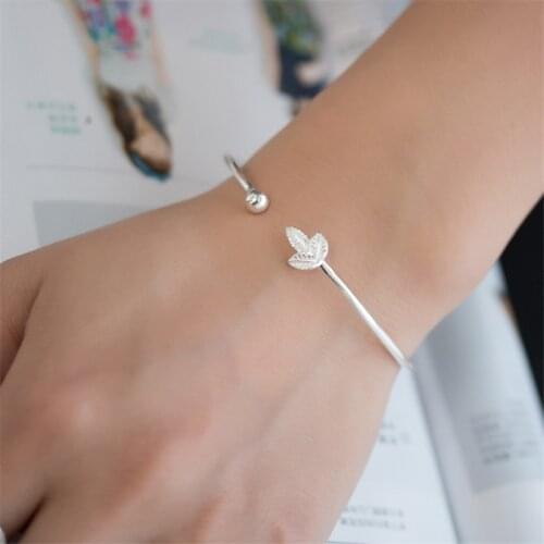 Adjustable 925 Sterling Silver Jewelry Female Simple Leaf Bangle&Bracelet For Women Cuff Bangles sl044