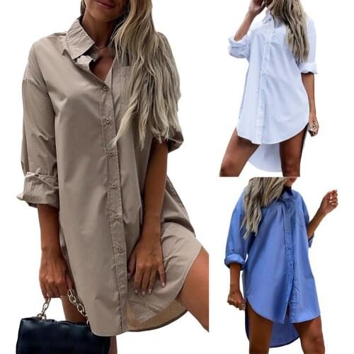 Women Shirt Turn-down Collar Single-breasted Loose Irregular Hem Lady Mid-length Lapel Button Long-sleeved Shirt for Dating