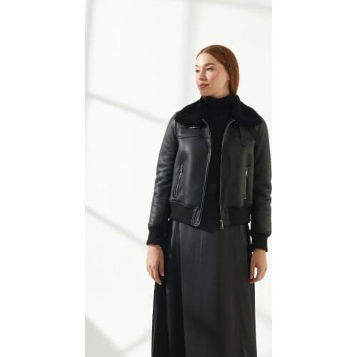 Free shipping black winter genuine sheepskin wool women jacket, biker jacket models slim fit biker jacket