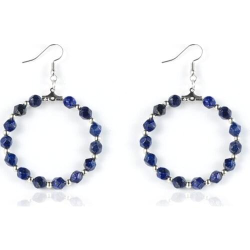 BOHO Natural Gem Stone Beads Hoop Earring For Women Faced Tiger Eye Stone Lapis Lazuli With 4cm Big Circle Round Earrings