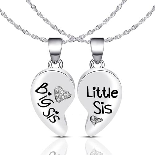 Fashion silver color crystal rhinestone heart big sis little sis pendant necklace for women sister jewelry gifts