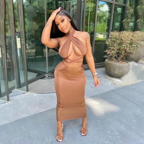 Womens sexy womens sexy lace-up cross-style halter-neck style multi-wear method long skirt lace-up crotch hollow design dress