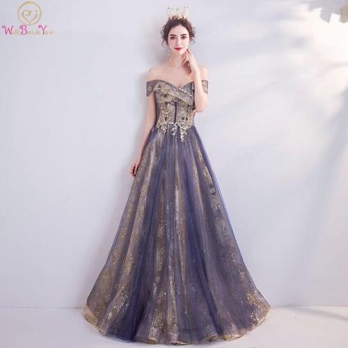 Gold Sequined Evening Dresses 2020 Dark Purple Tulle Off Shoulder Long Sweetheart A Line Floor Length Prom Gown Graduation Party