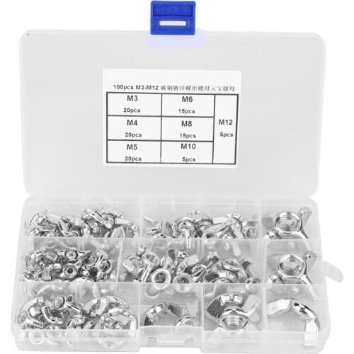 100Pcs/Box Butterfly Wing Nuts M3/M4/M5/M6/M8/M10/M12 Carbon Steel Galvanized Hand Easily Tighten Loosen Ingot Nut Fastener Tool