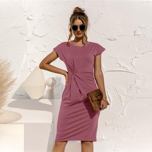 2021 Summer New Short Sleeve Tie Up Design Skinny Dress Women Solid Color Slim Bodycon Elegant Package Hip Party Black Vestidos