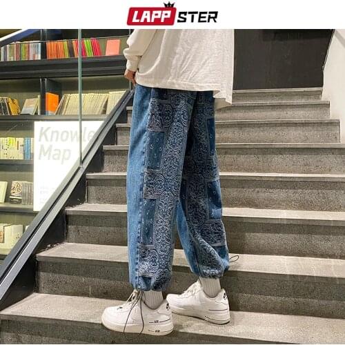 LAPPSTER Men Paisley Baggy Y2k Jeans Pants 2021 Mens Patchwork Wide Leg Casual Denim Trousers Man Harajuku Streetwear Jean Pants