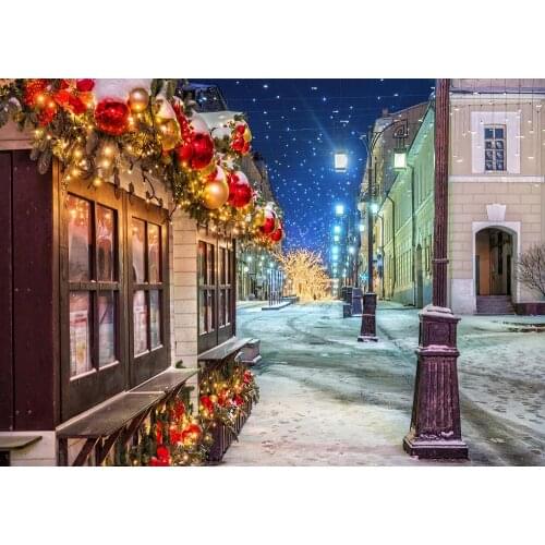 Christmas city street view phone booth snow photo background Christmas tree photo props photo background