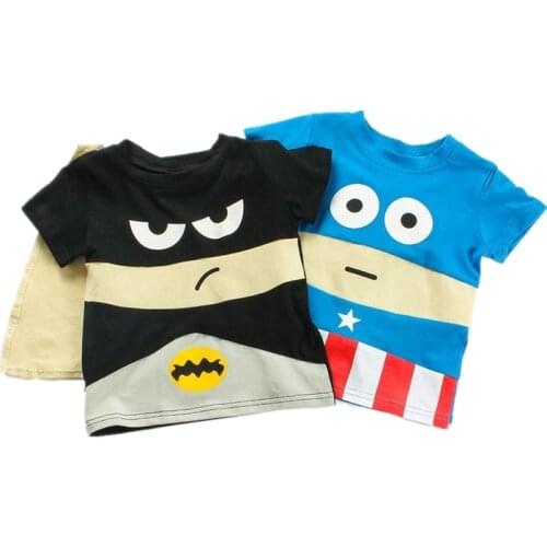 Toddler Kids Boys T-Shirts Short Sleeve Blue Bag with Cape Cotton Tops Fashion Baby Tees 1-5 years Children Girls