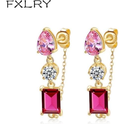 FXLRY Simple And Stylish Pink AAA Zircon Geometric Water Drop And Square Earring For Women Jewelry