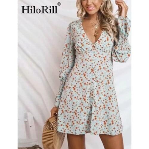 HiloRill Women Floral Print Vintage Mini Dresses 2021 Deep V Neck A Line Boho Beach Dress Buttons Ruffle Long Sleeve Party Dress