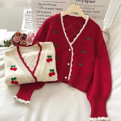 Embroidered Cardigan Knitwear Sweet Puff Sleeve Short Mujer Chaqueta Autumn Winter V Neck Cherry Sweaters Women