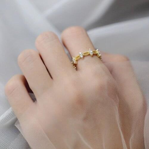 Leven Fancy S925 Double Row Crystal Twisted Flora Gold Sterling Silver 925 Ring Adjustable Size Girls Party Jewelry