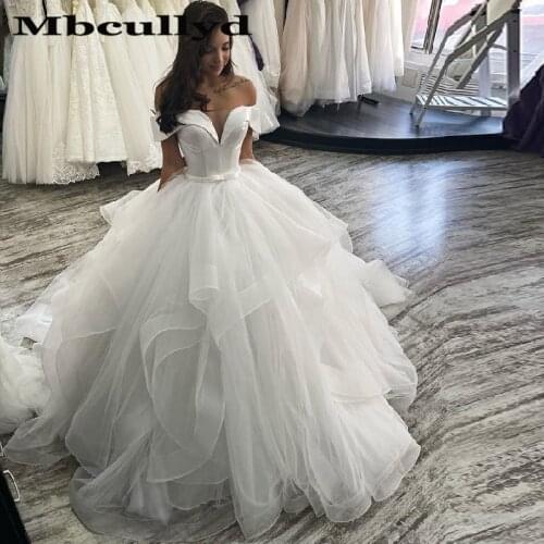 Mbcullyd Puffy Ball Gown Wedding Dresses Long 2020 Elegant Off Shoulder Bridal Church Gowns Long Sweep Train Tulle suknia slubna