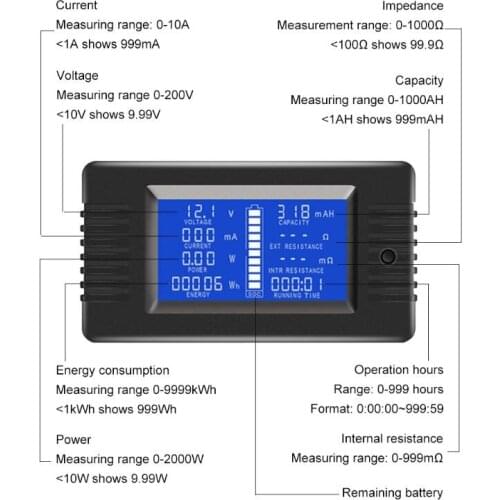 DC Multimeter 0-200V 0-10A Battery Tester Voltmeter Ammeter Power Voltage Current Impedance Capacity Energy Time Meter Monitor