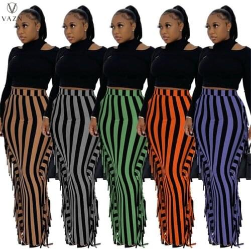 VAZN 2021 Women Fashion New Sexy High Street Style Long Skirt Elastic High Waist Printed Lady Tight Floor Length Skirt
