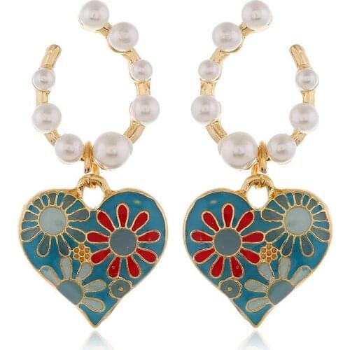 New Korean Style Jewelry Rhinestone Flower Earrings for Women Girl Enamel Heart Shape Simulated Pearl Long Dangle Earring Party