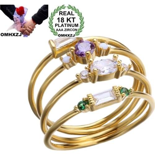 OMHXZJ Wholesale European Fashion Woman Girl Party Wedding Gift Slim Colorful AAA Zircon 18KT Yellow Gold Ring Set RR736