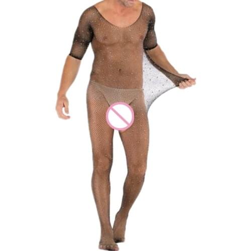 Men Bling Sleepwear Sexy Lingerie Rhinestones Bodysuit Plus Size Male Underwear Exotic Nightgown Sexy Costumes Body Stockings