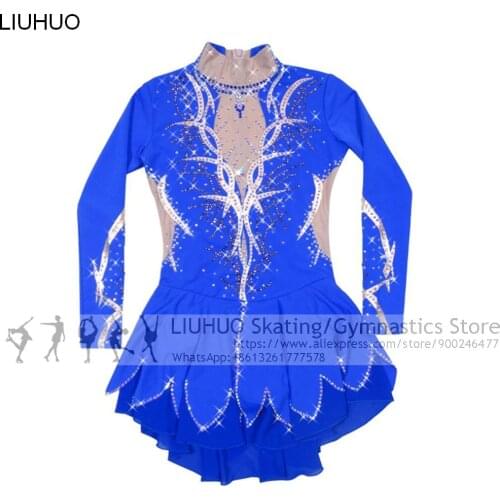 Ice Skating Dress Girls Blue Rhinestones Lace Children Kids Competition Dress High Elasticity Figure Skating Costumes for Women