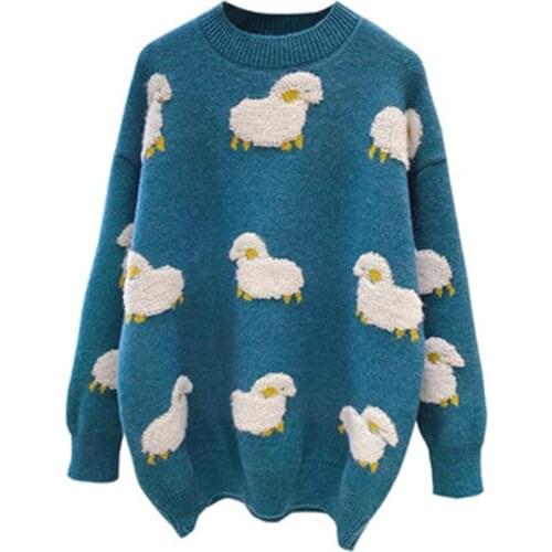 3D Floral Embroidery Pullovers Woman Sweater 2020 Solid O Neck Chic Womens Jumpers Korean Loose Cute Little sheep keeps warm