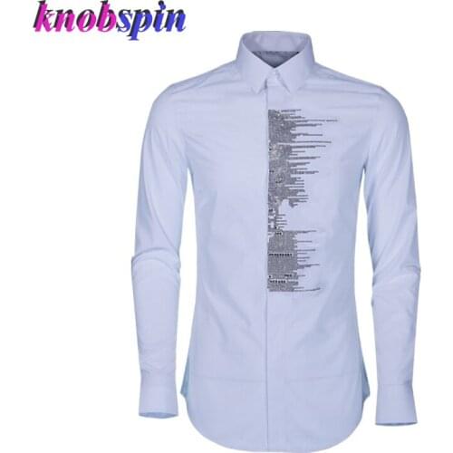 Brand Shirt men Slim fashion Printed Chemise homme High quality Anti-Wrinkle 80% Cotton SHIRTS with Gold color Crystal