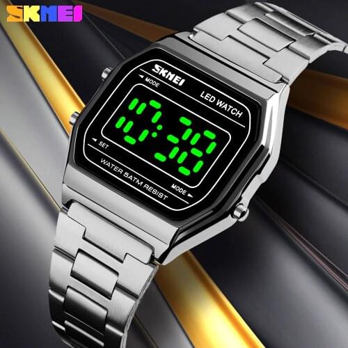 SKMEI 1646 Men Digital Watches Electronic LED Light Male Clock Waterproof Stainless Steel Strap WristWatch Relogio Feminino