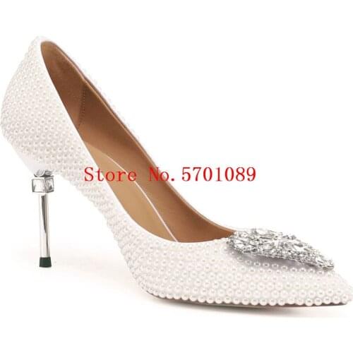 80mm High Heel Shoes Peach Heart Glass Drill Pearls Pointed-toe Stiletto Heel Bridal Shoes Bridesmaid Wedding Pumps 35-41