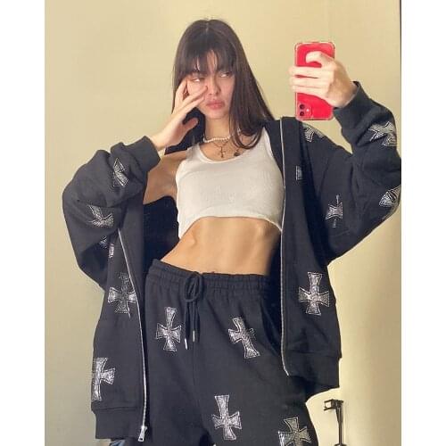 High Street Retro American Rhinestone Hot Rhinestone Cross Jacket Black and White Cardigan Hooded Sweater Womens Pants Set y2k
