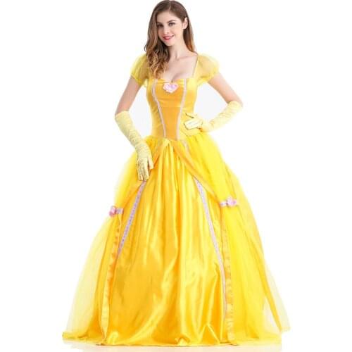 Beauty And The Beast Bell Yellow Long Dress Halloween Costume Belle Princess Dress Masquerade Carnival Adult Belle Roles Suit